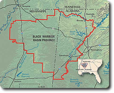 Map of Black Warrior Basin in Alabama and Mississippi